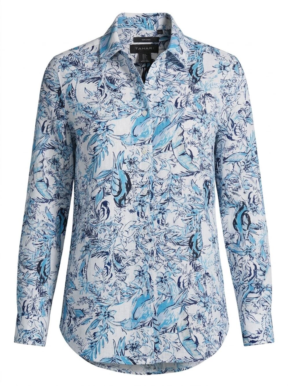 Tahari 100% Linen Blue Button-Front Floral Button-Up Shirt Women Size S/P